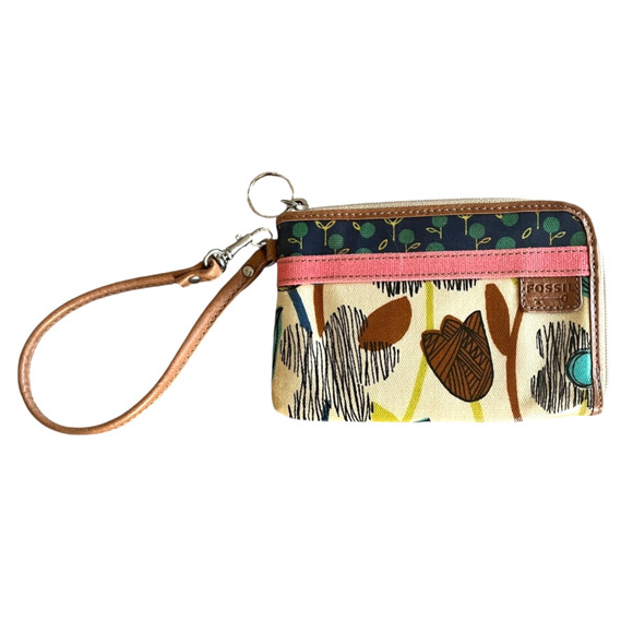 FOSSIL Key-Per Women's Small Floral Canvas Zip-Around Wristlet Wallet Keychain - Picture 1 of 7
